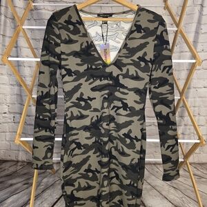 Revamped Green Brown V-Neck Bodycon Dress